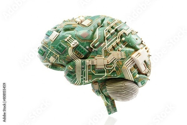 Obraz Brain made of circuit boards and data streams, technology and artificial intelligence concept, white background.