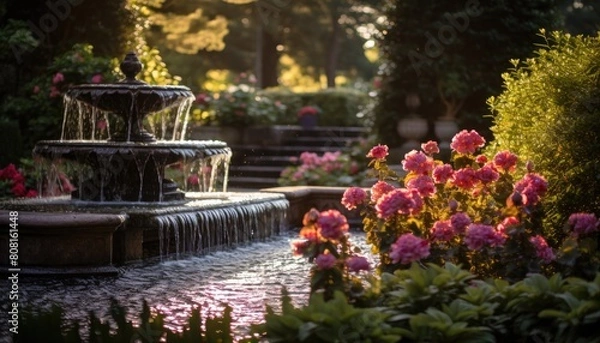 Obraz A terraced flower garden with a flowing water fountain amidst vibrant blooms
