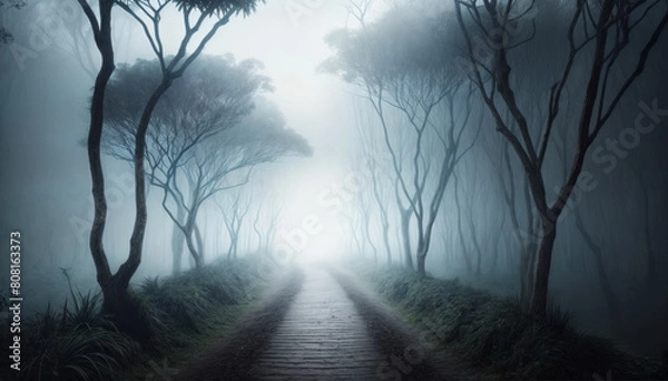 Fototapeta Mystical landscape of a misty forest with winding trees surrounding a narrow path leading into the unknown