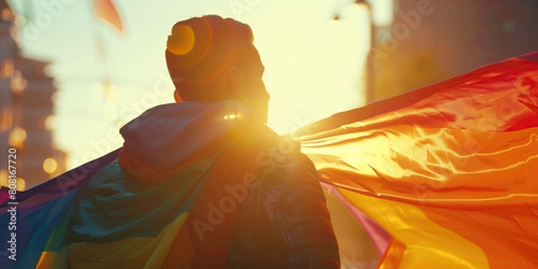 Fototapeta Pride Month concept. Close up portrait of a man looking up during the parade for lgbt+ rights in New York. Banner style. Text space. Outdoor shot
