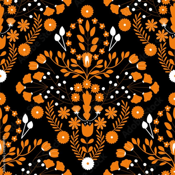 Fototapeta Seamless floral elements of Scandinavian folk design. Vector illustration with flowers on black background