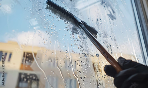 Obraz Close-up of worker cleaning window with squeegee and scraper. 