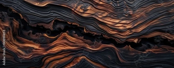 Obraz A woody abstract background made of oak wood with a burnt texture of wood fibers. Old rustic graphic resource, made in the form of a wave of hardwood. A three-dimensional banner made of dark wood, mad