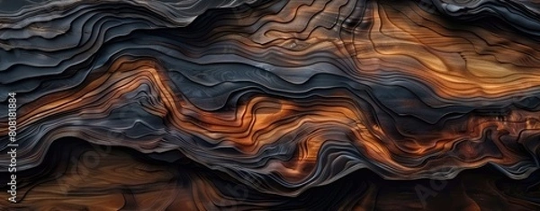 Obraz A woody abstract background made of oak wood with a burnt texture of wood fibers. Old rustic graphic resource, made in the form of a wave of hardwood. A three-dimensional banner made of dark wood, mad