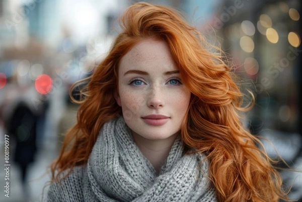 Fototapeta An alluring young woman with fiery red hair and a chunky scarf poses in an urban environment