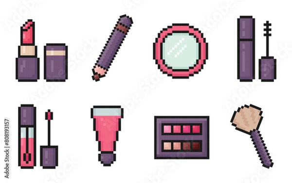 Obraz cosmetics pixel art icon set, girl accessories, 80s, 90s arcade game style, lipstick, eye pencil, mirror, mascara, lip balm, eyeshadow palette, brush, elements for game, app and more