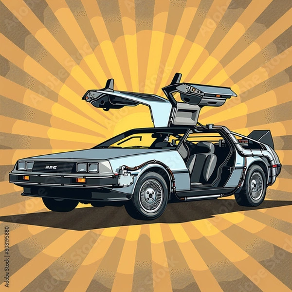 Fototapeta the car from back to the future against a comic book style background with pop art elements
