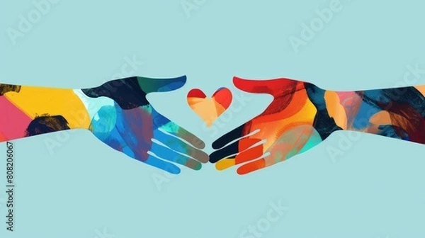 Fototapeta Two hands reaching out to each other, representing diversity and the other hand with a heart symbolizing compassion and acceptance