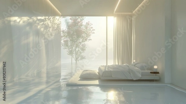 Fototapeta Detailed 3D illustration of a minimalist bedroom with a focus on space and light, featuring essential furnishings and a bright, airy feel.