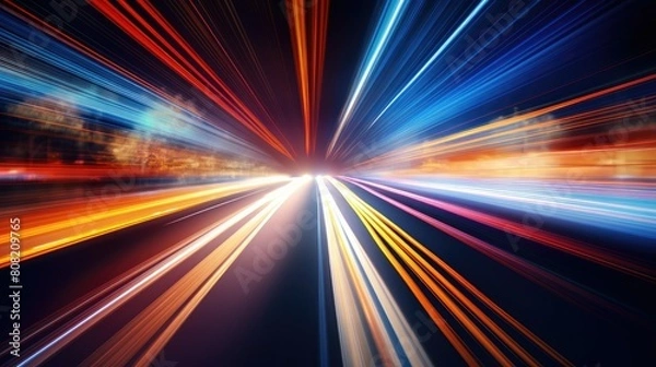 Fototapeta A blurred highway at night, with streaks of light from passing cars creating dynamic lines