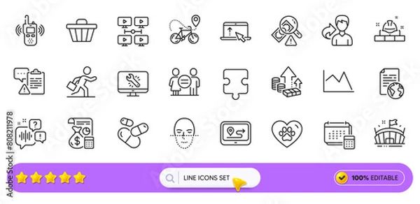 Fototapeta Accounting, Fraud and Pets care line icons for web app. Pack of Voicemail, Arena, Internet document pictogram icons. Capsule pill, Equality, Businessman run signs. Monitor repair. Search bar. Vector