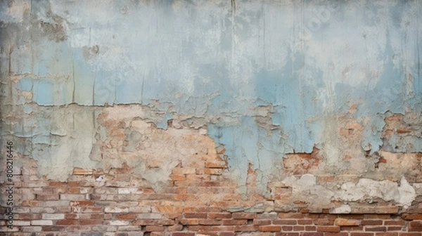 Fototapeta A weathered brick wall with peeling paint and visible texture, showcasing the passage of time and history