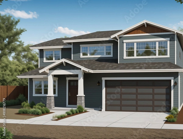 Fototapeta Two-story modern house with a garage on the ground floor. Interior of the building facade
