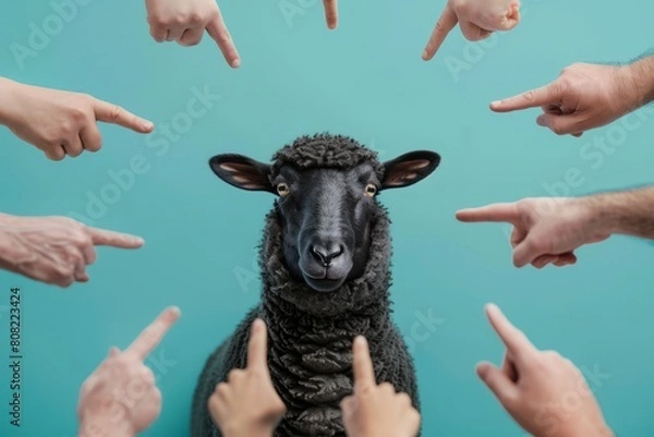 Obraz Black sheep surrounded by pointing fingers