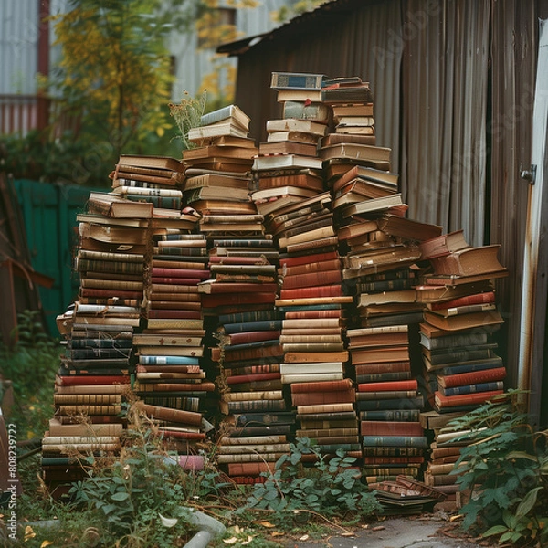 Fototapeta A pile of discarded books that are rotting in the garden, made with AI