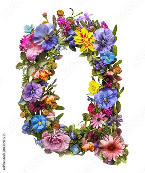 Fototapeta Flower font alphabet Q made of colorful floral letter isolated on white background. Spring or summer flower font.