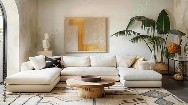 Obraz Comfy sectional sofa in a bright living room scandinavian style with a coffee table and rug.