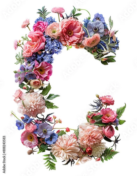 Fototapeta Flower font alphabet C made of colorful floral letter isolated on white background. Spring or summer flower font.