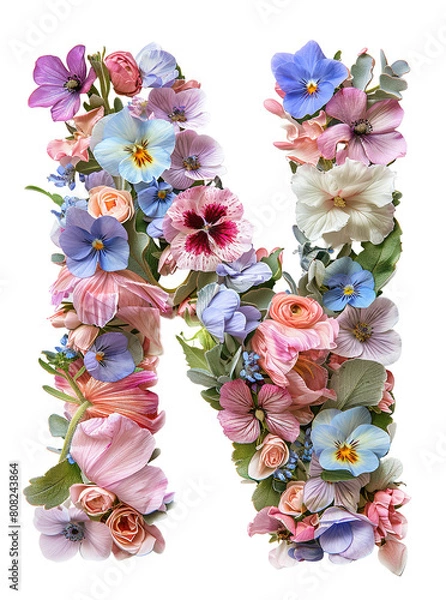 Fototapeta Flower font alphabet N made of colorful floral letter isolated on white background. Spring or summer flower font.