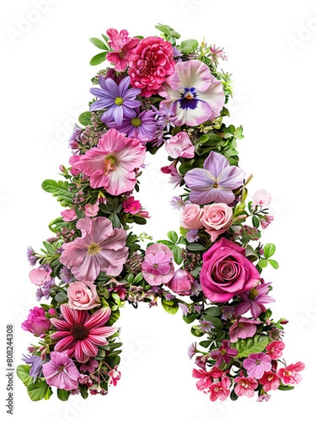 Fototapeta Flower font alphabet A made of colorful floral letter isolated on white background. Spring or summer flower font.