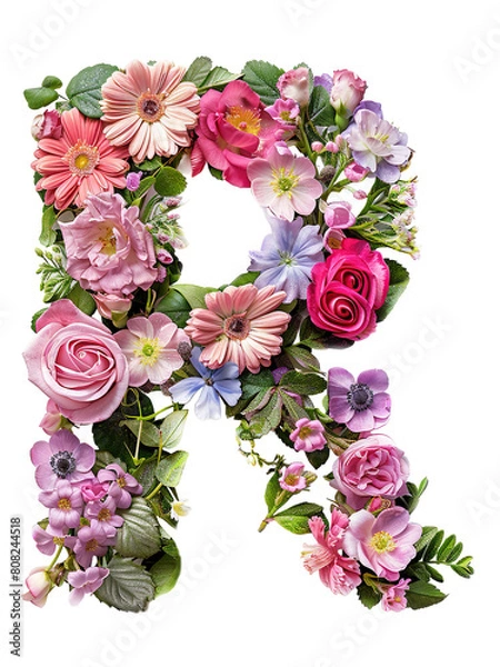 Fototapeta Flower font alphabet R made of colorful floral letter isolated on white background. Spring or summer flower font.