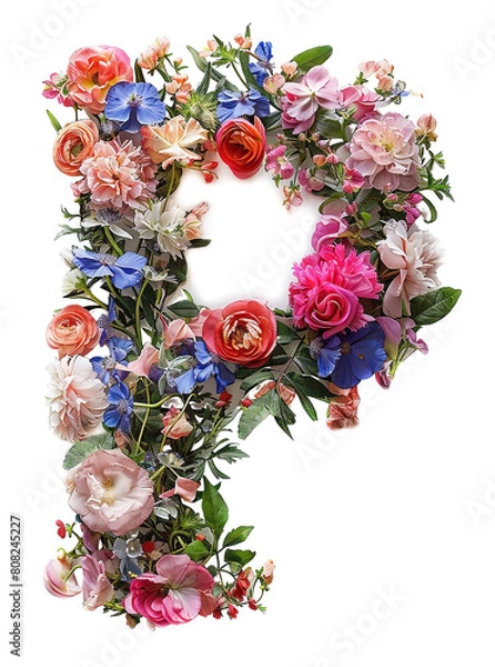 Fototapeta Flower font alphabet P made of colorful floral letter isolated on white background. Spring or summer flower font.