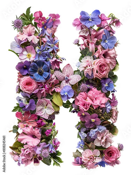 Fototapeta Flower font alphabet H made of colorful floral letter isolated on white background. Spring or summer flower font.