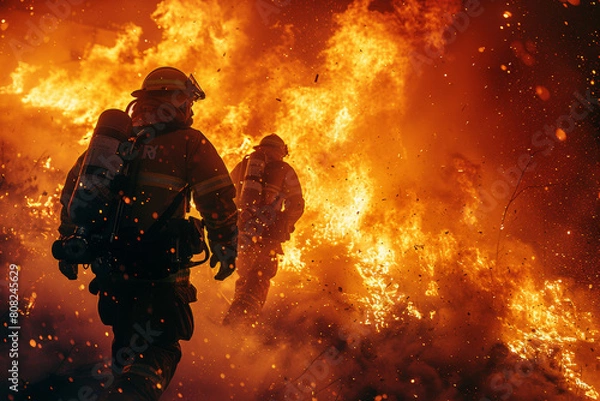 Fototapeta firefighters at raging fire