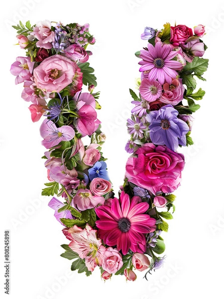 Fototapeta Flower font alphabet V made of colorful floral letter isolated on white background. Spring or summer flower font.