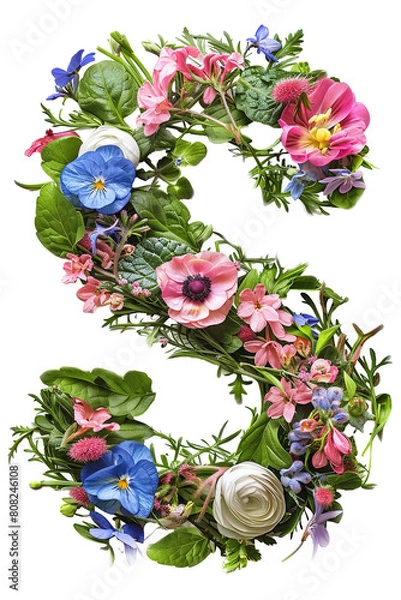 Fototapeta Flower font alphabet S made of colorful floral letter isolated on white background. Spring or summer flower font.