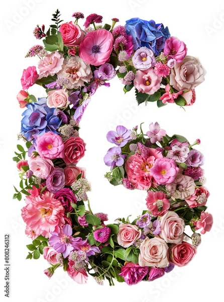 Fototapeta Flower font alphabet G made of colorful floral letter isolated on white background. Spring or summer flower font.