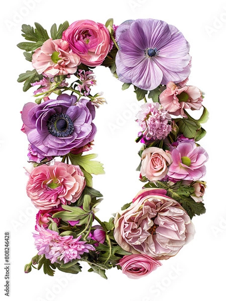 Fototapeta Flower font alphabet D made of colorful floral letter isolated on white background. Spring or summer flower font.