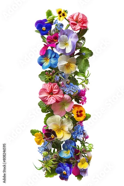 Fototapeta Flower font alphabet I made of colorful floral letter isolated on white background. Spring or summer flower font.