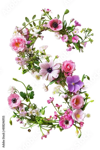 Fototapeta Flower font alphabet S made of colorful floral letter isolated on white background. Spring or summer flower font.