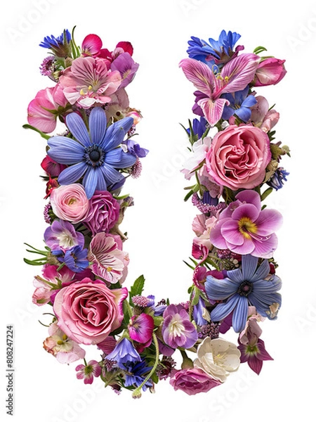 Fototapeta Flower font alphabet U made of colorful floral letter isolated on white background. Spring or summer flower font.