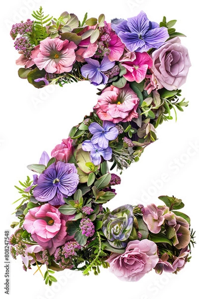 Fototapeta Flower font alphabet Z made of colorful floral letter isolated on white background. Spring or summer flower font.
