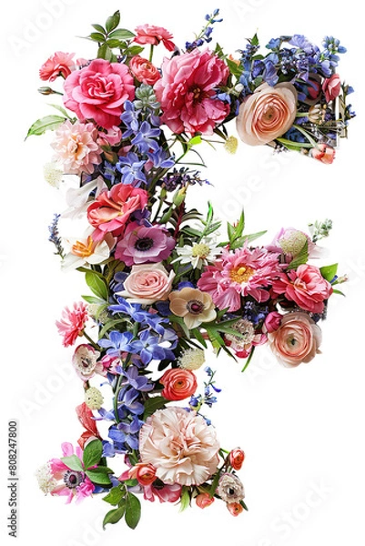 Fototapeta Flower font alphabet F made of colorful floral letter isolated on white background. Spring or summer flower font.