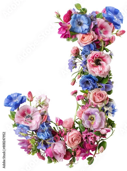 Fototapeta Flower font alphabet J made of colorful floral letter isolated on white background. Spring or summer flower font.