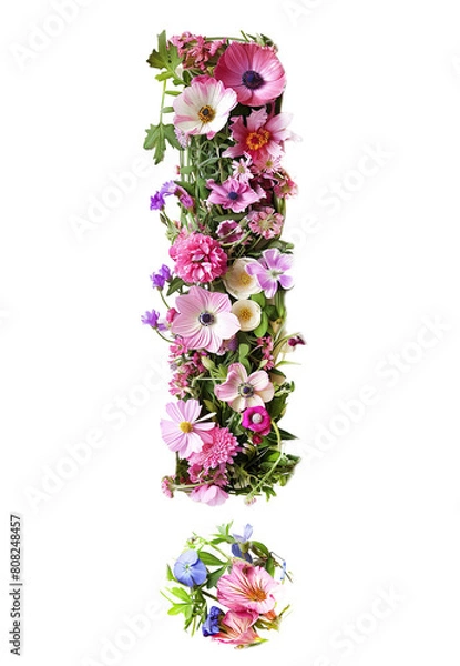 Fototapeta Flower font exclamation mark made of flowers isolated on white background. Spring or summer flower font.