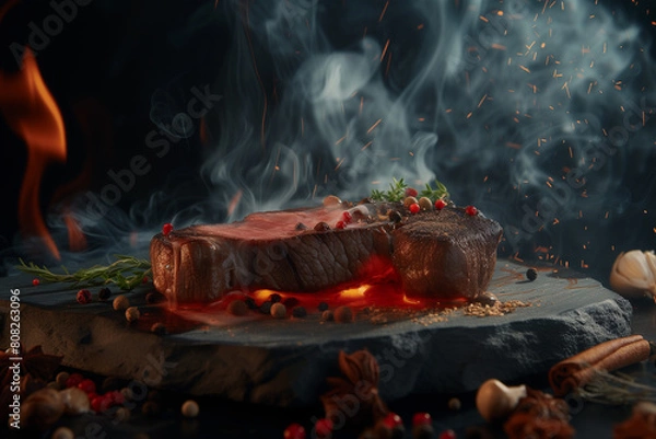 Fototapeta A steak sits on a stone slab, surrounded by spices and a small fire. Smoke billows around the meat, which is garnished with rosemary and red berries