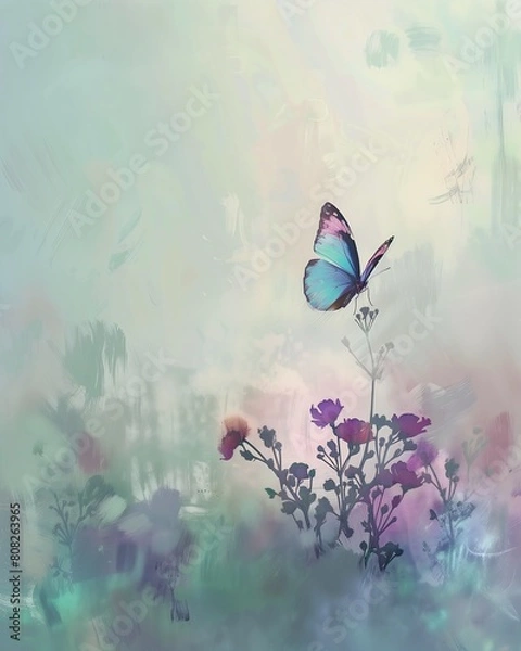 Fototapeta butterfly flying flowers gorgeous dreamy hazy plain studio background dichromatism confidently transparent streams flowing light
