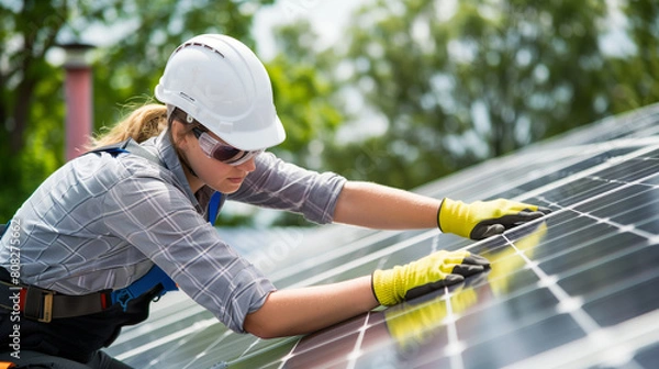 Obraz Technician with helmet mounting photovoltaic solar panels on the roof of a block of a residential block of apartments. Install solar panels on roof of a house. Renewable and eco energy concept. Image 