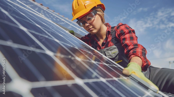Obraz Technician with helmet mounting photovoltaic solar panels on the roof of a block of a residential block of apartments. Install solar panels on roof of a house. Renewable and eco energy concept. Image 