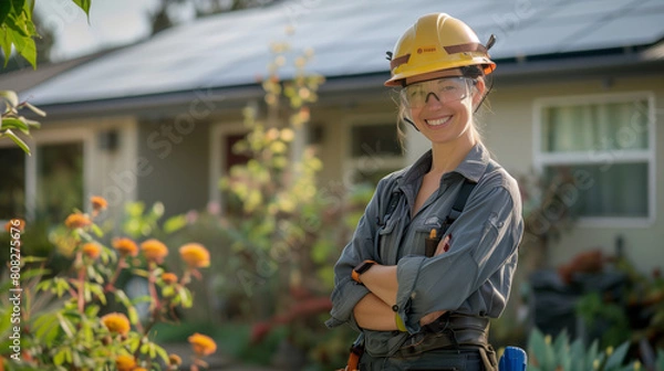 Obraz Technician with helmet mounting photovoltaic solar panels on the roof of a block of a residential block of apartments. Install solar panels on roof of a house. Renewable and eco energy concept. Image 