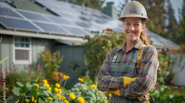 Obraz Technician with helmet mounting photovoltaic solar panels on the roof of a block of a residential block of apartments. Install solar panels on roof of a house. Renewable and eco energy concept. Image 