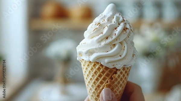 Fototapeta   A clear photo of a close-up of a person holding an ice cream cone, adorned with whipped cream and cinnamon sprinkles