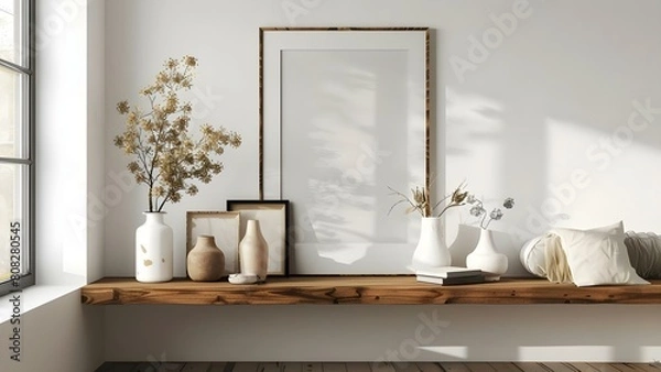 Fototapeta Contemporary living room with wood shelf frames vases white wall decor. Concept Living Room Decor, Wood Shelving, Vases, White Wall Decor, Contemporary Style