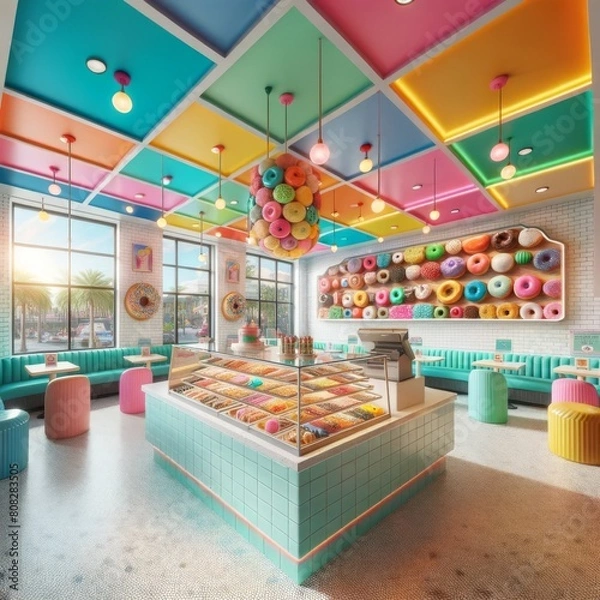 Fototapeta Fun, vibrant, and colorful doughnut shop interior with glass donut display case.