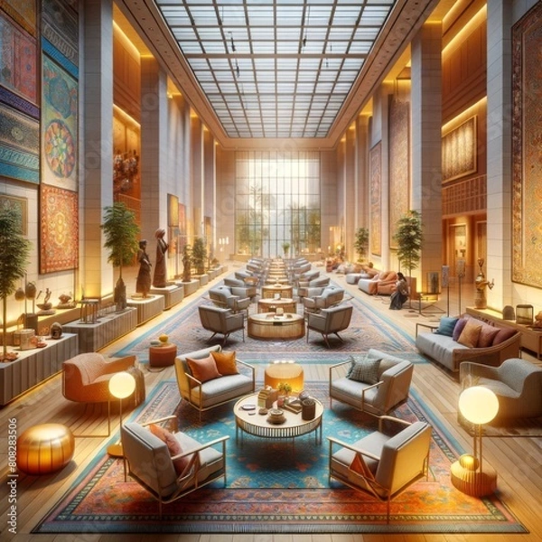 Fototapeta Grand hall meeting space with cultural arts influence and ethnic tapestry style decor with warm vibes and cozy seating.