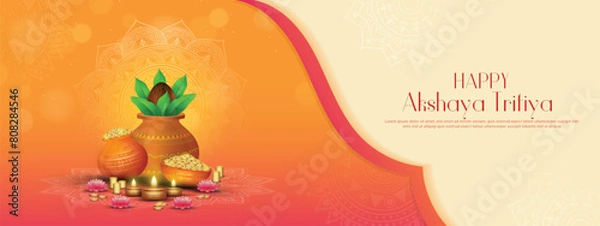 Fototapeta Happy Akshaya Tritiya - banner template design with gold coin in pot and decorative diya lamp.
